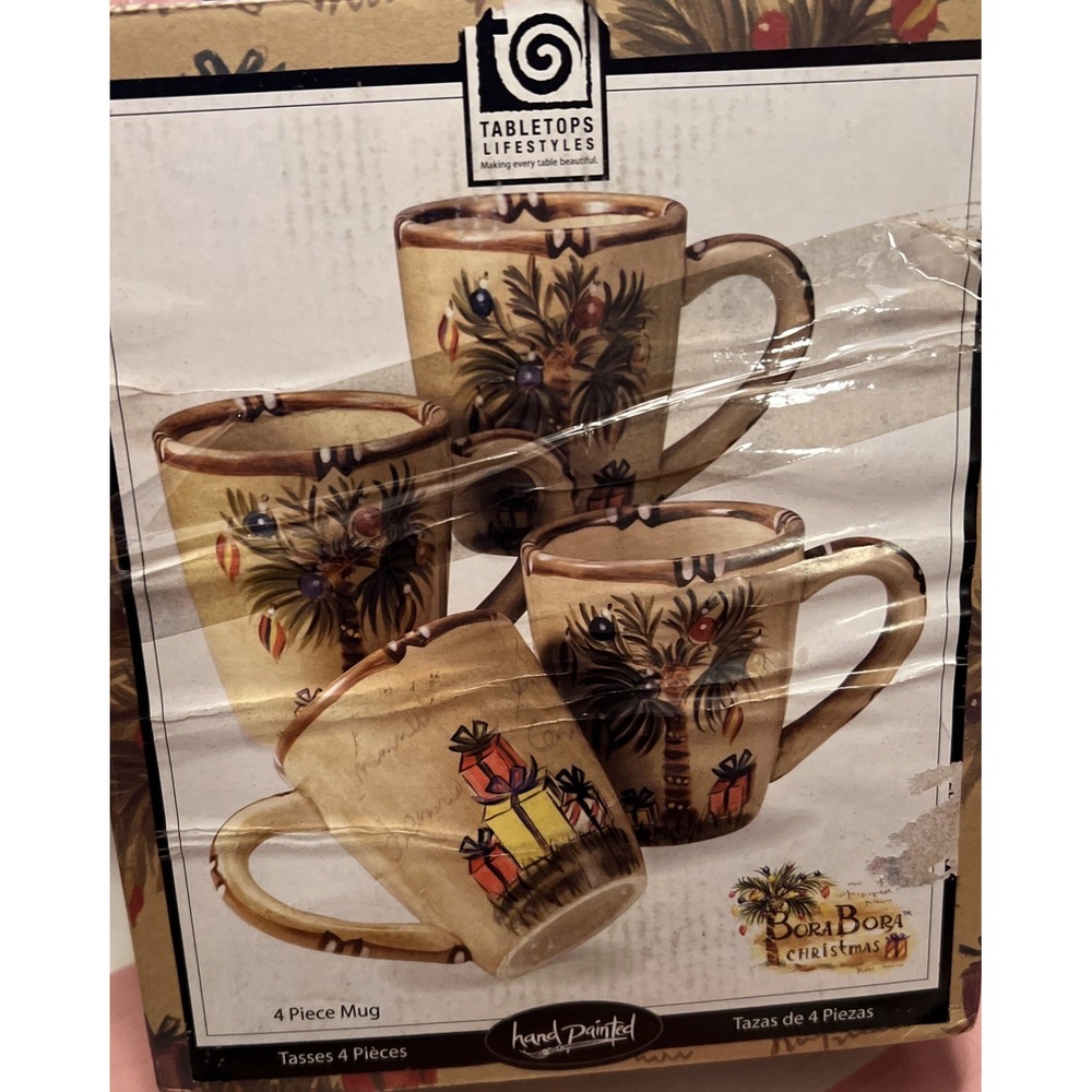 New Tabletop Lifestyles Bora Bora  Christmas Hand Painted 4 Pack 14Oz Mug Set